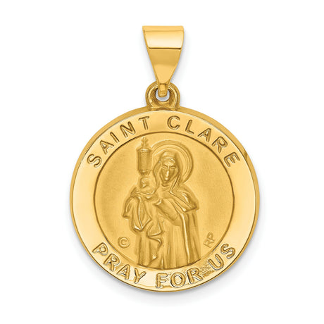 Saint Clare Pray For Us Words Round Medal Charm Pendant in Real 14k Yellow Gold