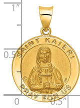 Saint Kateri Pray For Us Words Round Medal Charm Pendant in Real 14k Yellow Gold