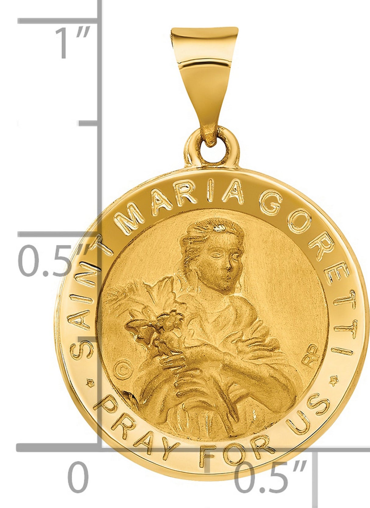 Saint Maria Goretti Pray For Us Words Round Medal Charm Pendant in Real 14k Yellow Gold