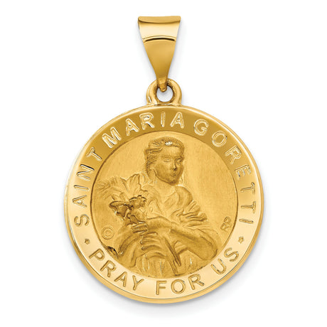 Saint Maria Goretti Pray For Us Words Round Medal Charm Pendant in Real 14k Yellow Gold