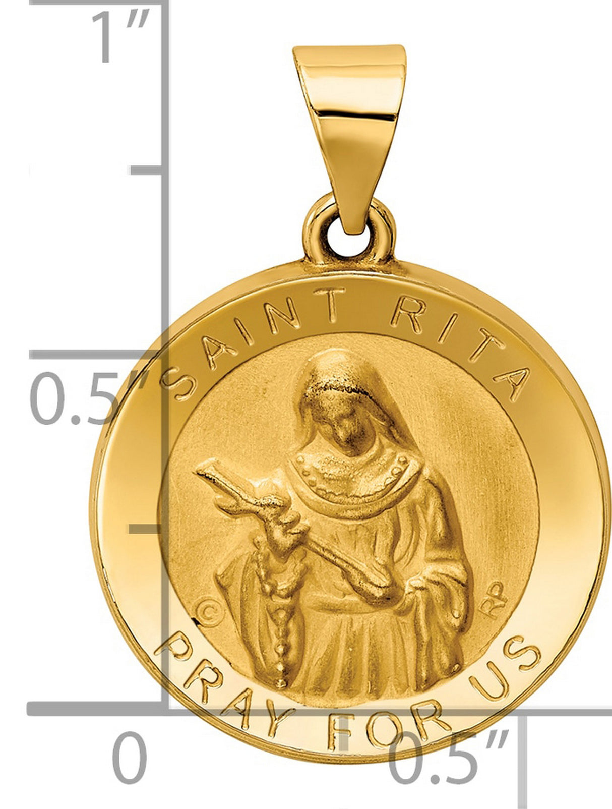 Saint Rita Pray For Us Words Round Medal Charm Pendant in Real 14k Yellow Gold