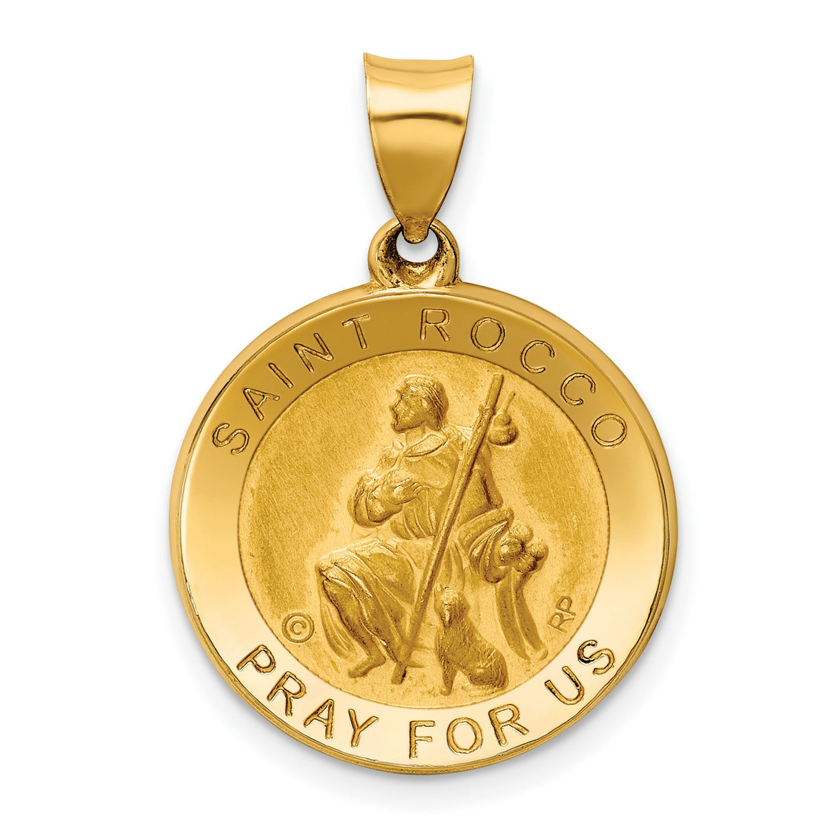 Saint Rocco Pray For Us Words Round Medal Charm Pendant in Real 14k Yellow Gold