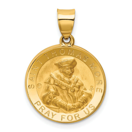 Saint Thomas More Pray For Us Words Round Medal Charm Pendant in Real 14k Yellow Gold