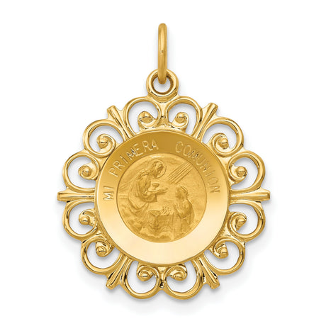 Mi Primera Comunion Words and Religious Figures Hollow Round Medal Charm Pendant in Real 14k Yellow Gold