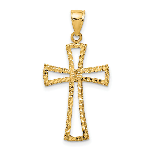 14k Yellow Gold Cross Pendant, Openwork Christian Charm with Diamond-Cut Detailing
