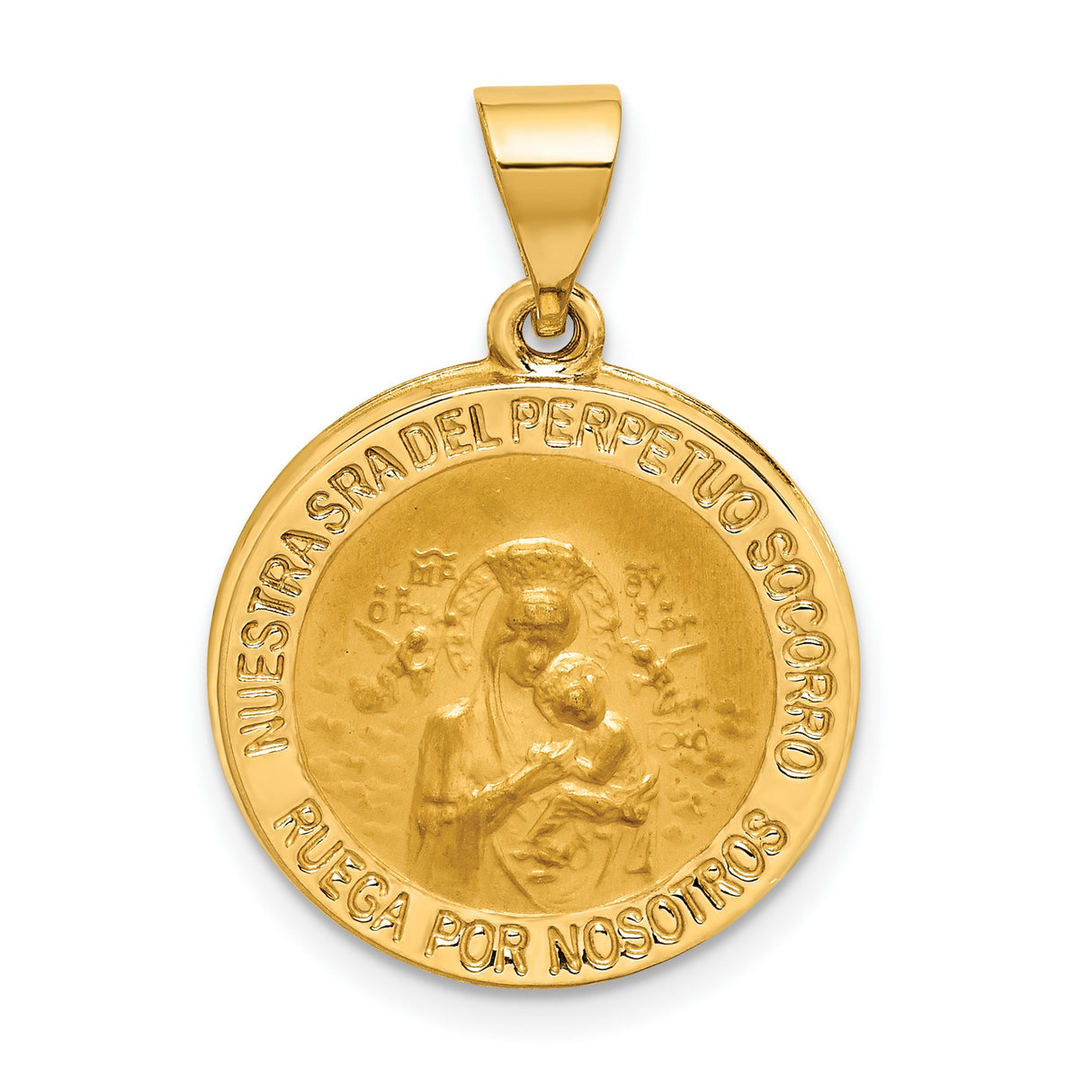 Nuestra Sradel Perpetuo Socorro Ruega Por Nosotros Round Charm Pendant in Real 14k Yellow Gold