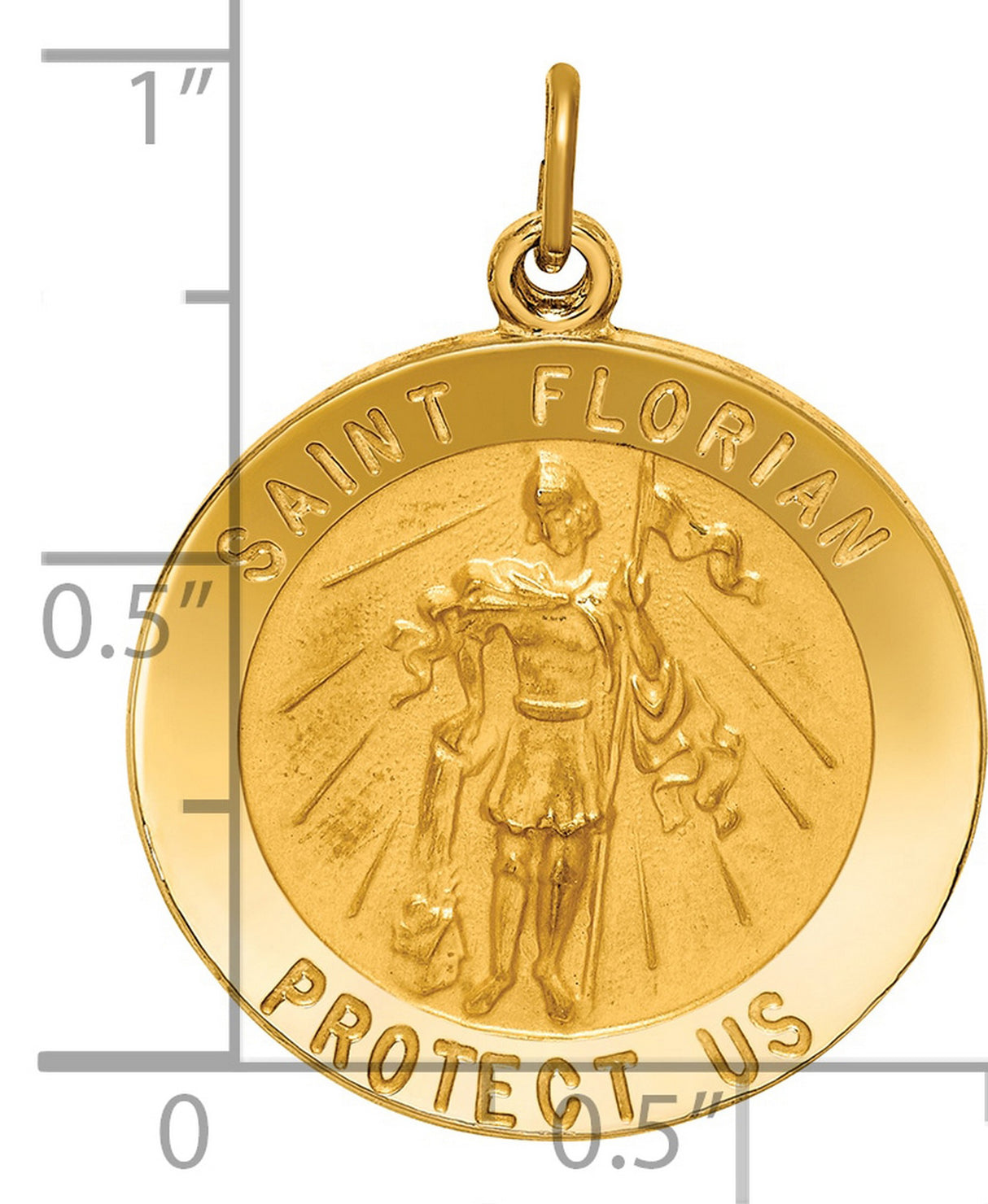 Solid Satin Saint Florian Protect Us Words Round Charm Pendant in Real 14k Yellow Gold