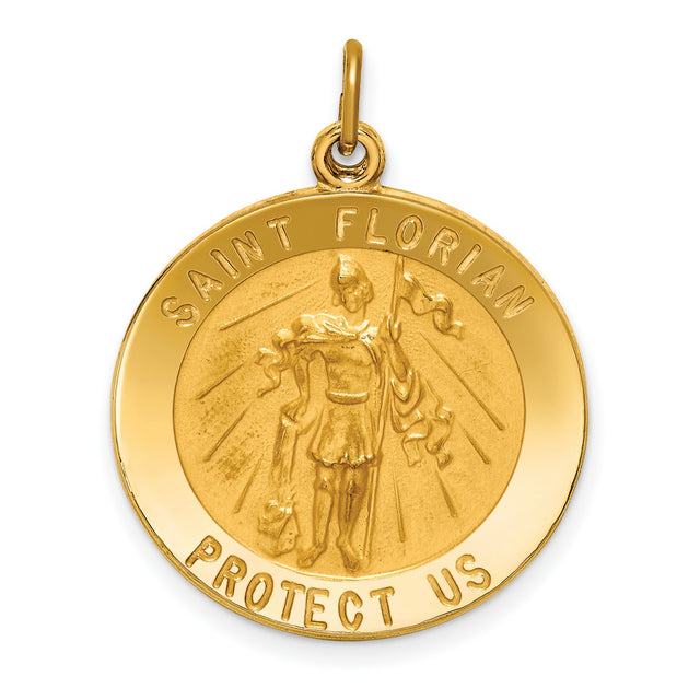 Solid Satin Saint Florian Protect Us Words Round Charm Pendant in Real 14k Yellow Gold