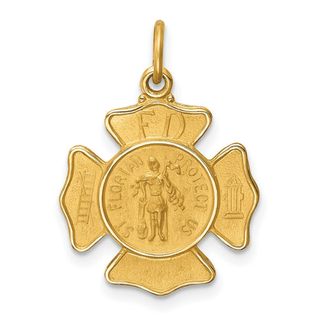 Solid Saint Florian Protect Us Words Fireman Badge Shaped Charm Pendant in Real 14k Yellow Gold