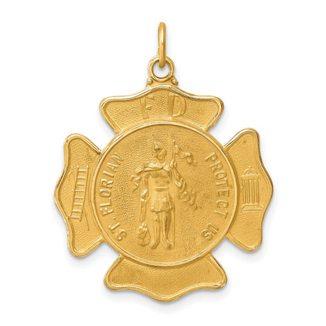 Solid Saint Florian Protect Us Words Firefighter Badge Shaped Charm Pendant in Real 14k Yellow Gold