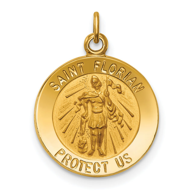 Solid Saint Florian Protect Us Words Round Charm Pendant in Real 14k Yellow Gold