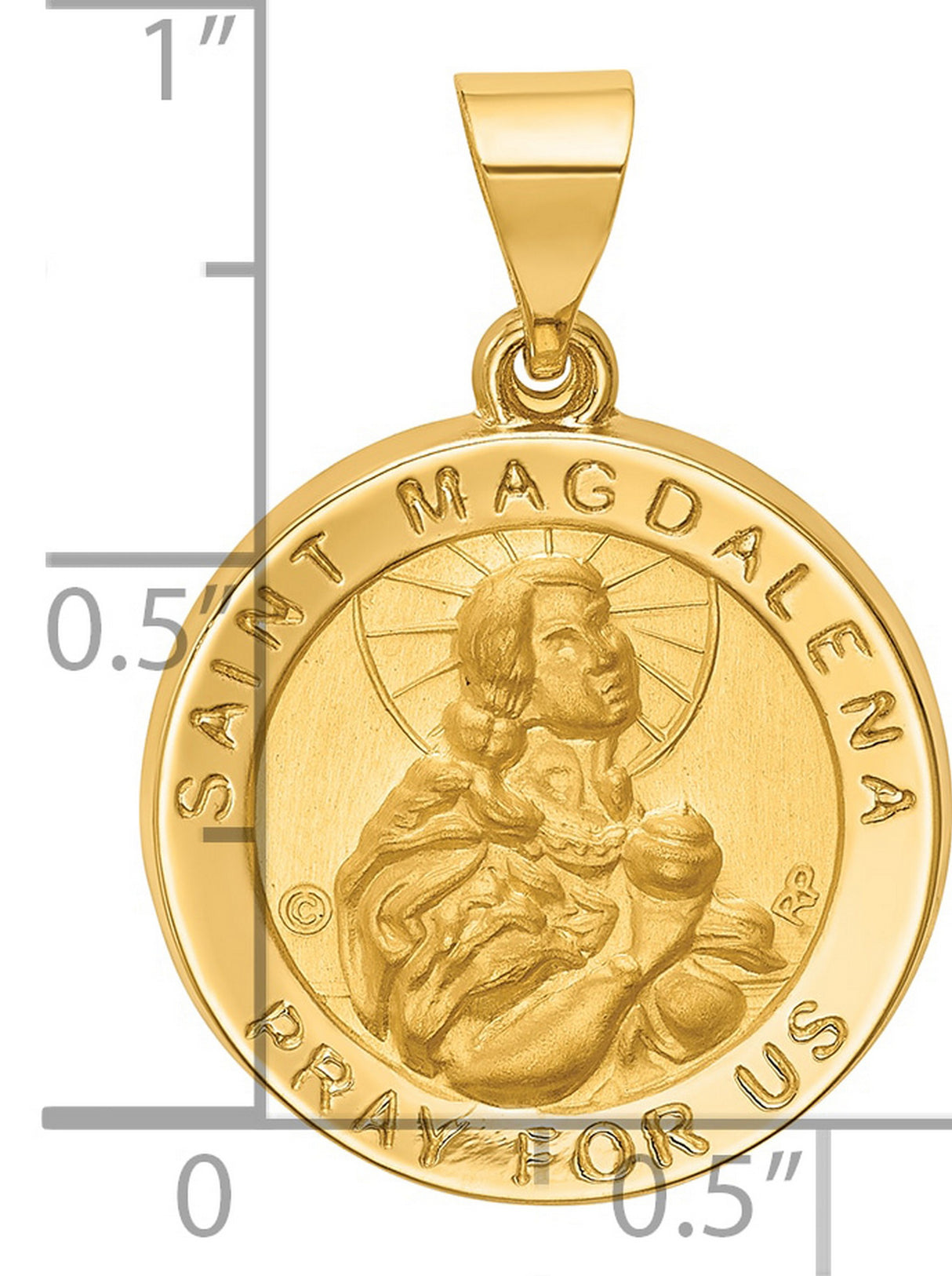 Saint Magdalena Pray For Us Words Round Medal Charm Pendant in Real 14k Yellow Gold