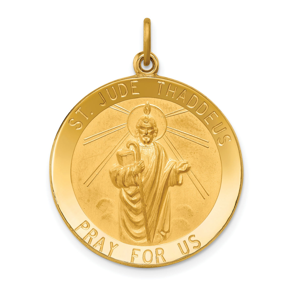 Solid Saint Jude Thaddeus Pray For Us Words Round Charm Pendant in Real 14k Yellow Gold