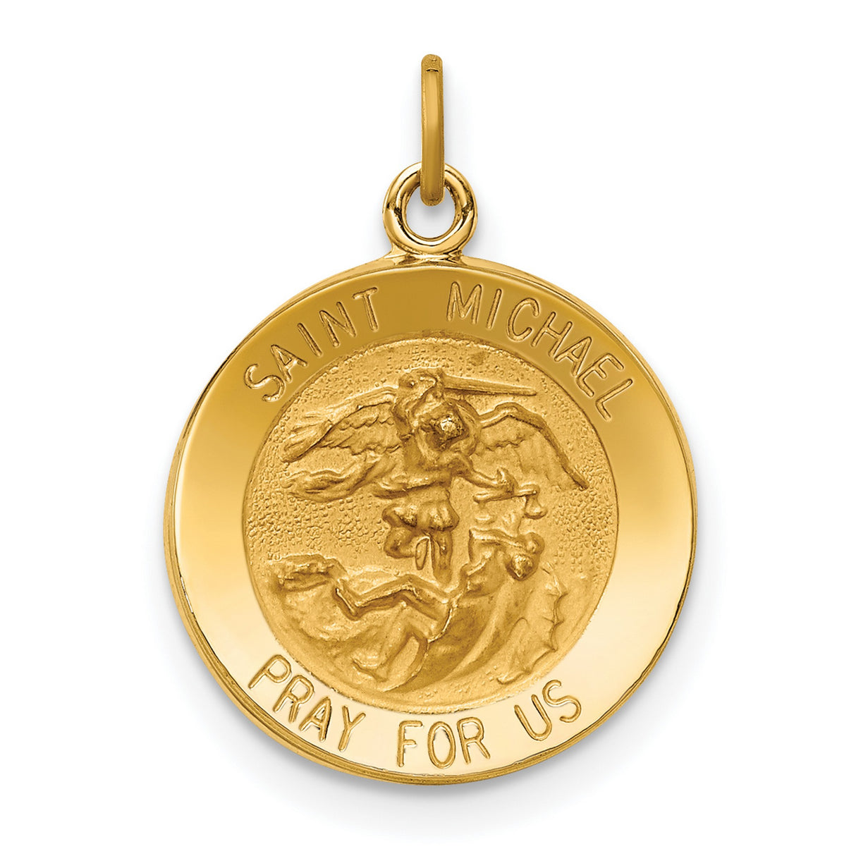 Satin Finish Pray For Us Words Saint Michael Medal Charm Pendant in Real 14k Yellow Gold