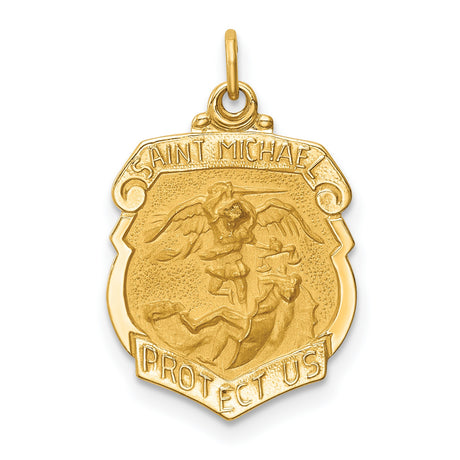 Solid Protect Us Saint Michael Words Police Badge Shaped Medal Charm Pendant in Real 14k Yellow Gold