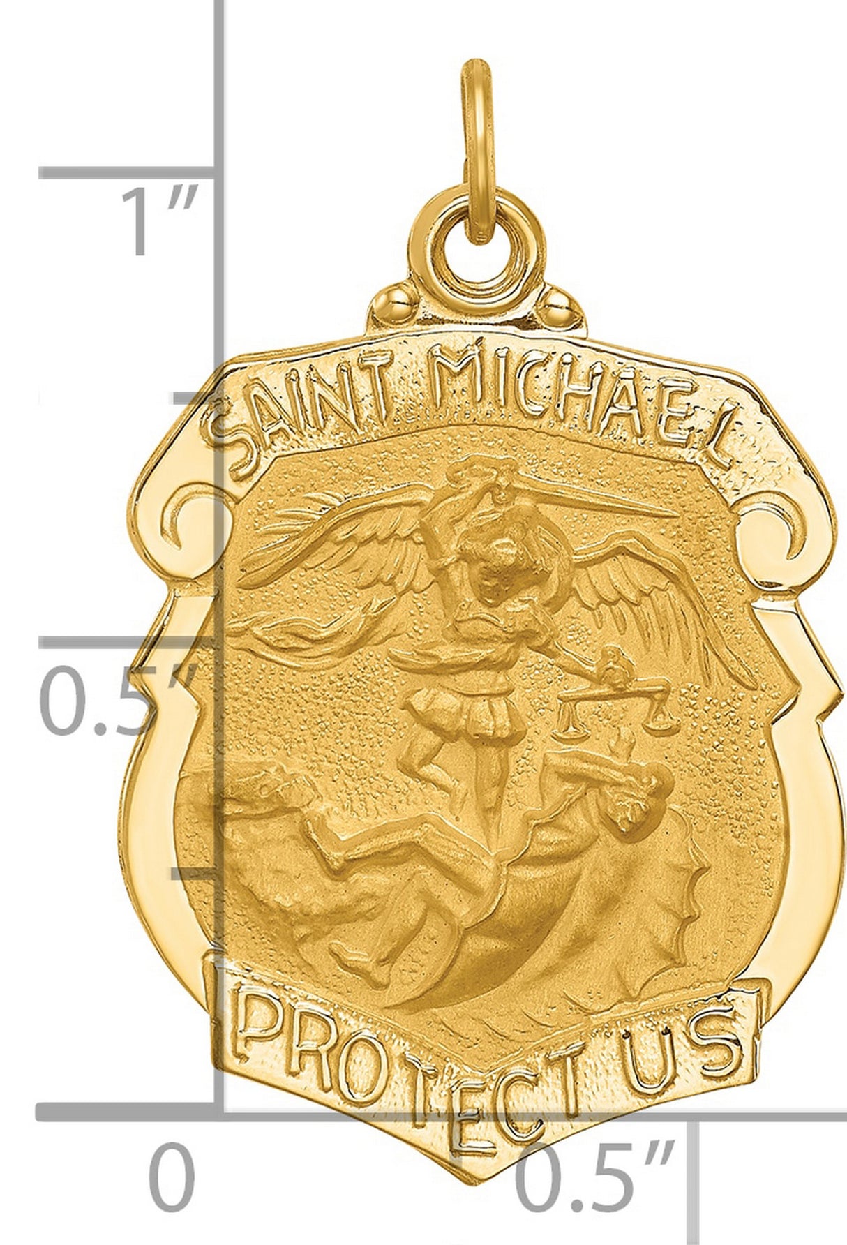 Solid Protect Us Words Saint Michael Police Badge Shaped Medal Charm Pendant in Real 14k Yellow Gold