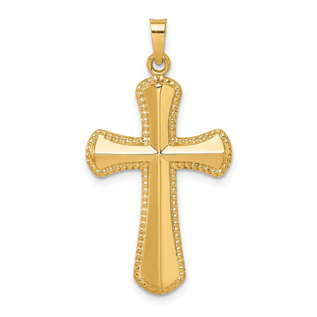 Hollow Polished Beaded Edge Cross Charm Pendant in Real 14k Yellow Gold