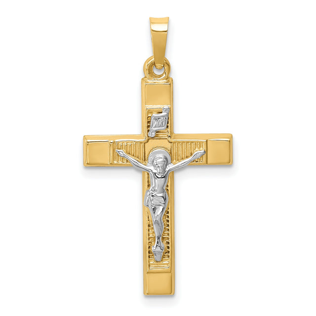Hollow Polished Textured Latin Crucifix Charm Pendant in Real 14k Multi-Tone Gold