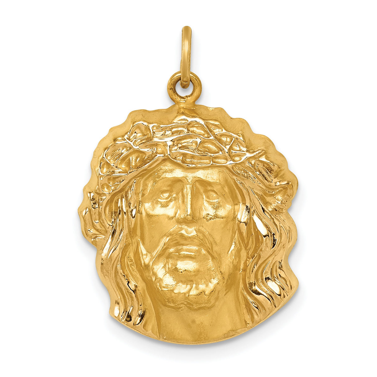 Polished Face of Jesus with Crown Charm Pendant in Real 14k Yellow Gold