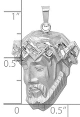 14k White Gold Jesus Head Pendant with Sculpted Christ Face and Crown of Thorns