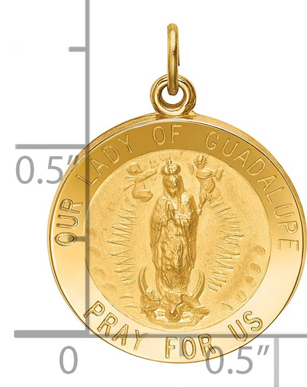 Solid Pray For Us Our Lady of Guadalupe Words Round Charm Pendant in Real 14k Yellow Gold