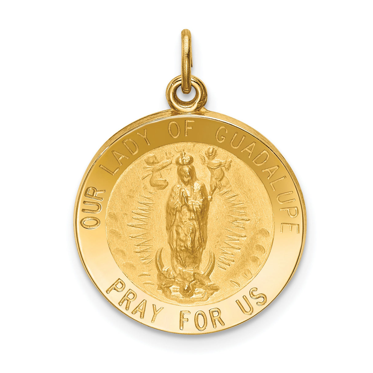 Solid Pray For Us Our Lady of Guadalupe Words Round Charm Pendant in Real 14k Yellow Gold