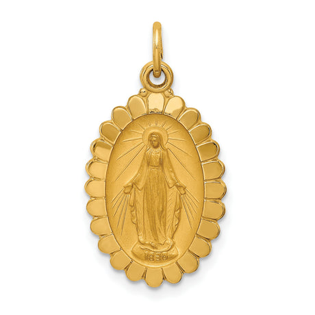 14k Yellow Gold Miraculous Medal Pendant, Virgin Mary with Rays and 1830 Date, Scalloped Oval Charm