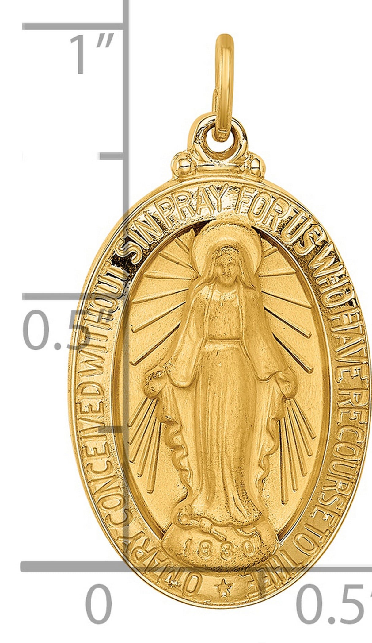 Mary Mother of God Raised 3-D Miraculous Medal with Words Oval Charm Pendant in Real 14k Yellow Gold