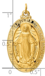 Mary Mother of God Raised 3-D Miraculous Medal with Words Oval Charm Pendant in Real 14k Yellow Gold