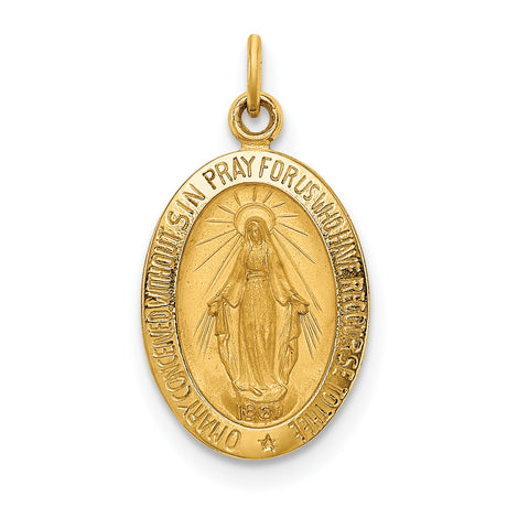 Mary Mother of God Miraculous Medal with Words Oval Charm Pendant in Real 14k Yellow Gold