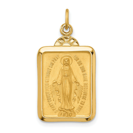 14k Yellow Gold Rectangular Miraculous Medal Pendant Featuring Virgin Mary Engraving