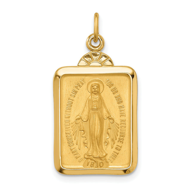 14k Yellow Gold Rectangular Miraculous Medal Pendant Featuring Virgin Mary Engraving
