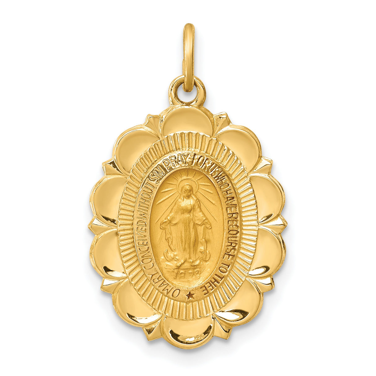 Mary Mother of God Miraculous Medal with Words Oval Charm Pendant in Real 14k Yellow Gold