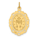 14k Yellow Gold Miraculous Medal Pendant with Virgin Mary Engraving, Oval Filigree Religious Charm
