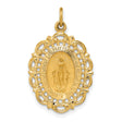 14k Yellow Gold Miraculous Medal Pendant with Virgin Mary Engraving, Oval Filigree Religious Charm
