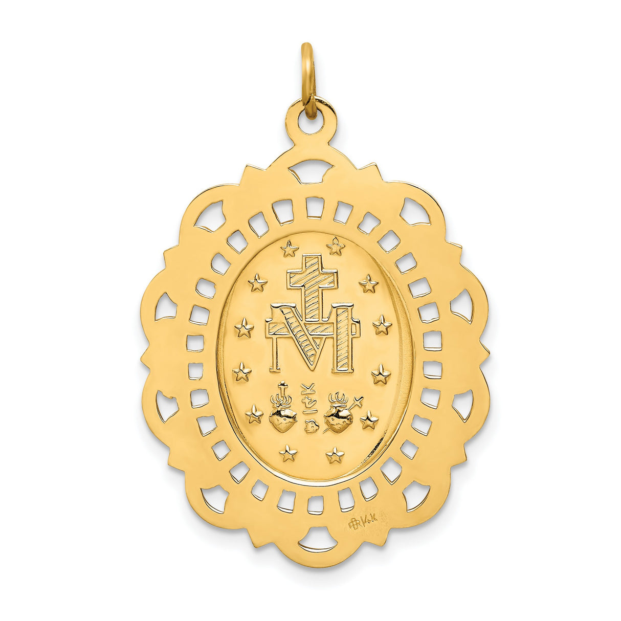 14k Yellow Gold Virgin Mary Miraculous Medal Pendant with Filigree Border
