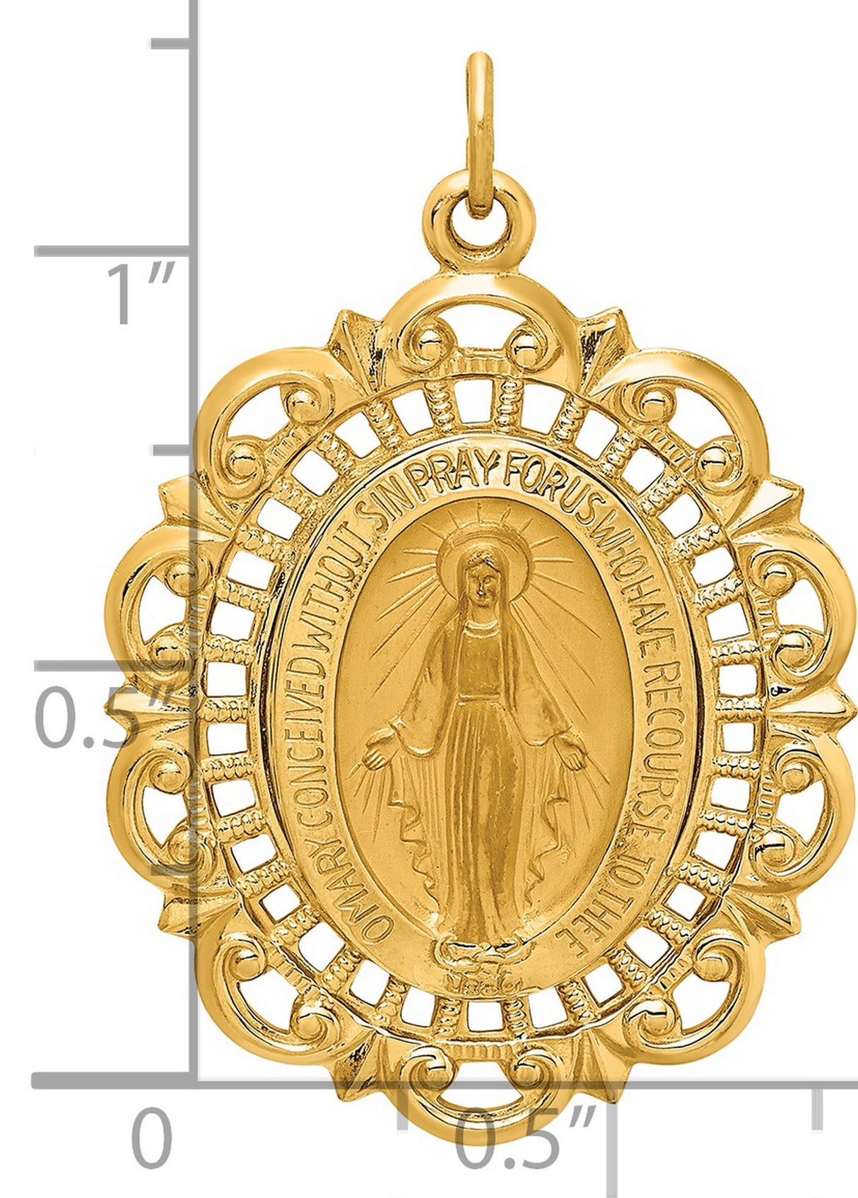14k Yellow Gold Virgin Mary Miraculous Medal Pendant with Filigree Border