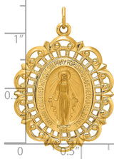14k Yellow Gold Virgin Mary Miraculous Medal Pendant with Filigree Border