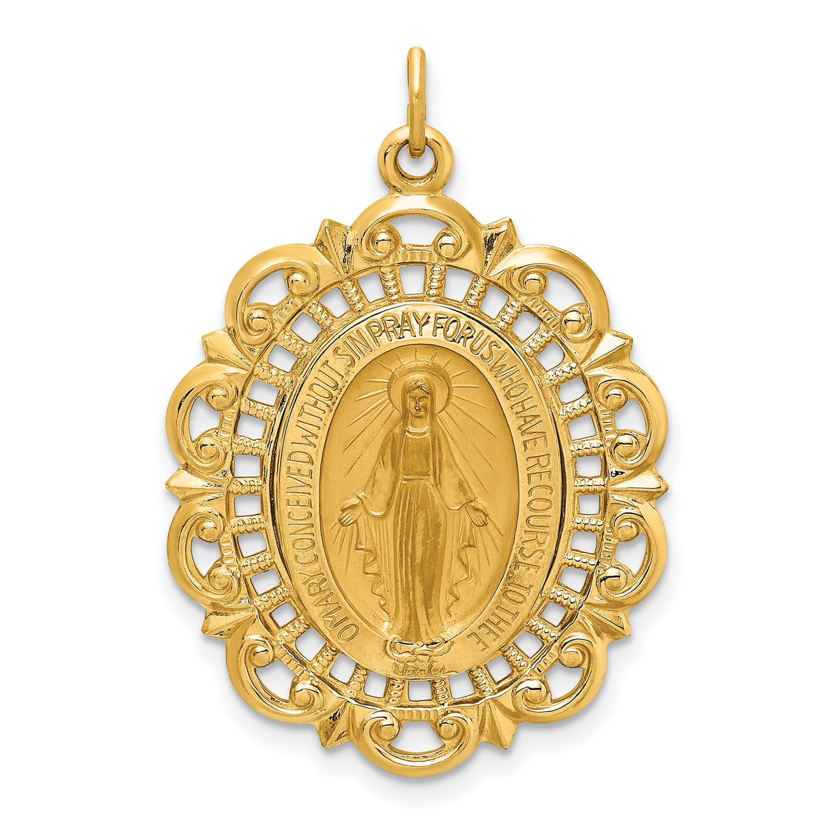 14k Yellow Gold Virgin Mary Miraculous Medal Pendant with Filigree Border