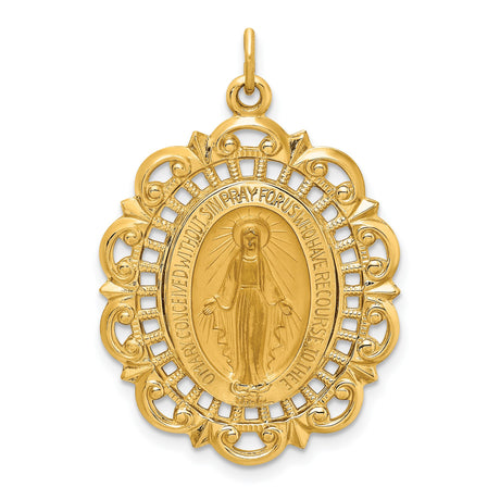 14k Yellow Gold Virgin Mary Miraculous Medal Pendant with Filigree Border