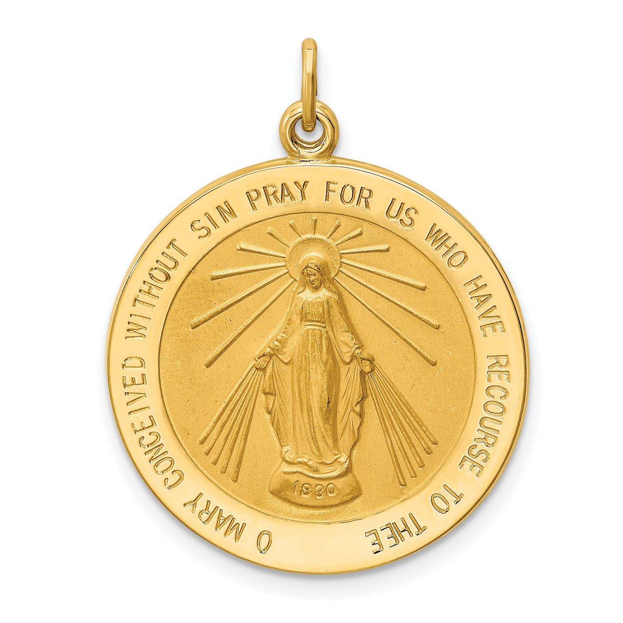 Miraculous Medal Our Lady of Graces Solid Round Charm Pendant in Real 14k Yellow Gold