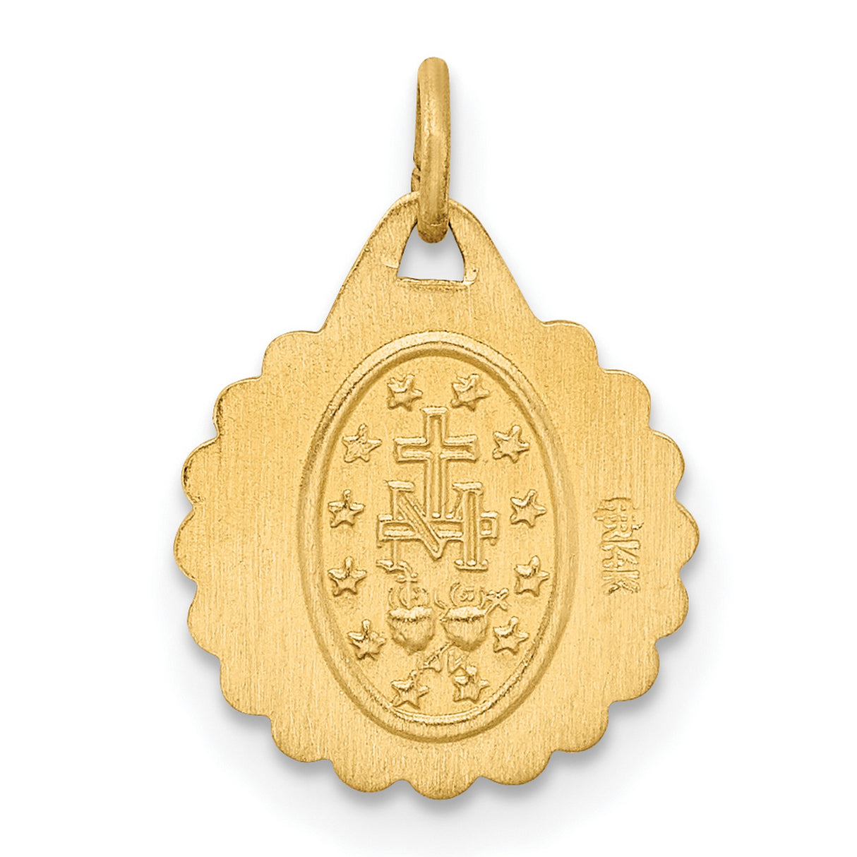 Miraculous Medal Our Lady of Graces Scalloped Round Charm Pendant in Real 14k Yellow Gold