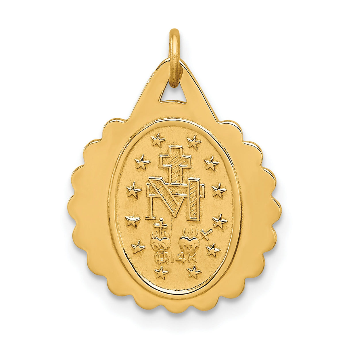 Miraculous Medal Our Lady of Graces Scalloped Round Charm Pendant in Real 14k Yellow Gold