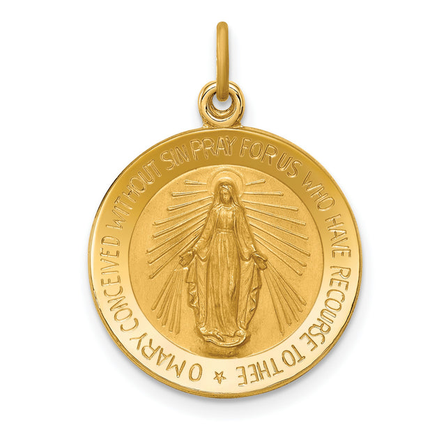 Miraculous Medal Our Lady of Graces Solid Round Charm Pendant in Real 14k Yellow Gold