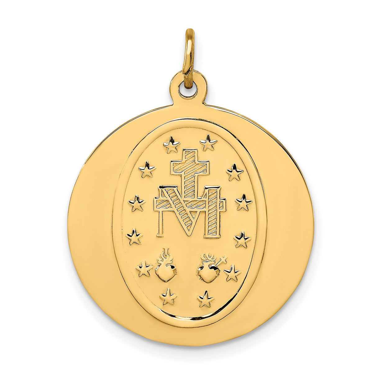 Miraculous Medal Our Lady of Graces Solid Round Charm Pendant in Real 14k Yellow Gold