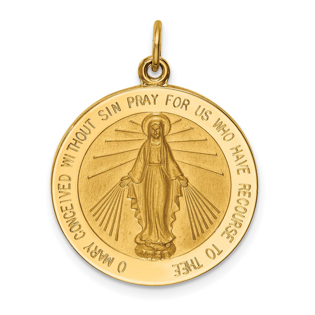 Miraculous Medal Our Lady of Graces Solid Round Charm Pendant in Real 14k Yellow Gold