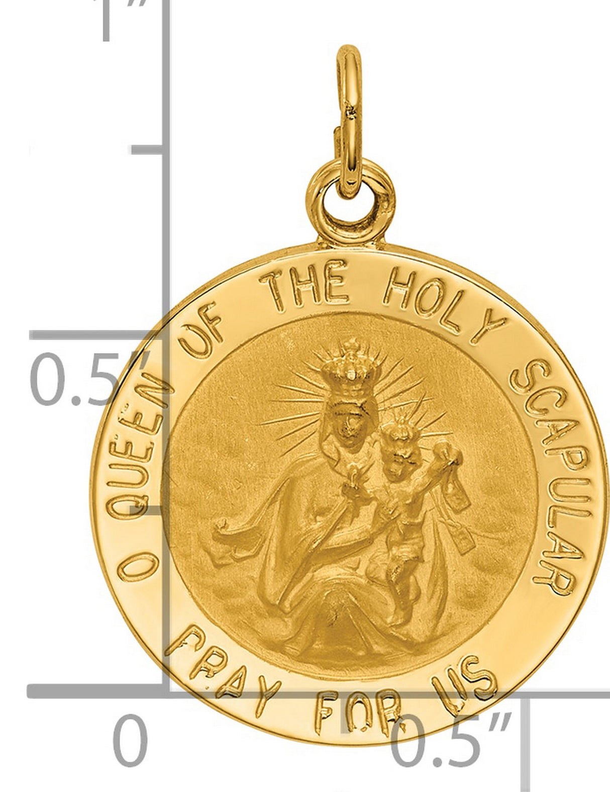 Solid Queen of the Holy Scapular Pray For Us Words Round Charm Pendant in Real 14k Yellow Gold