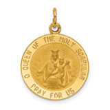 Solid Queen of the Holy Scapular Pray For Us Words Round Charm Pendant in Real 14k Yellow Gold