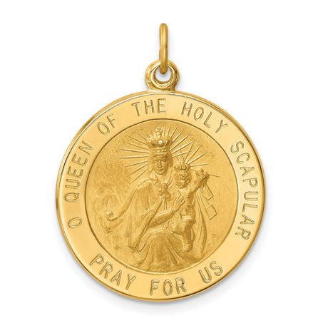 Solid Queen of the Holy Scapular Pray For Us Words Round Charm Pendant in Real 14k Yellow Gold