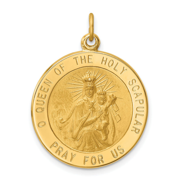 Solid Queen of the Holy Scapular Pray For Us Words Round Charm Pendant in Real 14k Yellow Gold